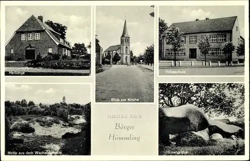 Ak Börger im Emsland, Kirche, Herberge, Volksschule, Hünengrab