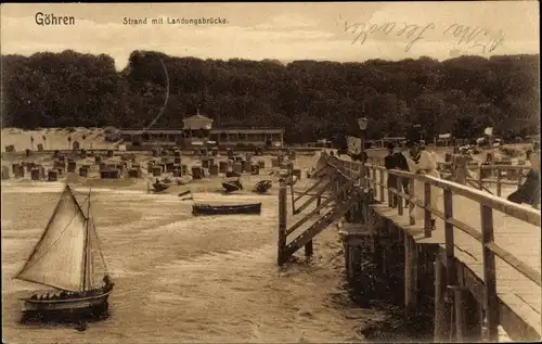 Ak Ostseebad Göhren auf Rügen, Strand mit Landungsbrücke