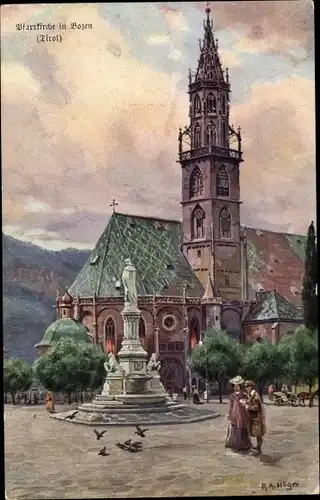 Künstler Ak Höger, R. A., Bozen Bolzano Südtirol, Pfarrkirche, Außenansicht, Brunnenstatue