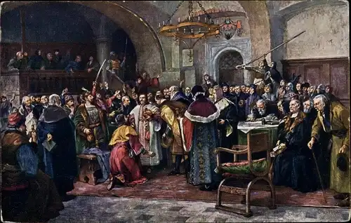 Künstler Ak Zvoleni Jirika Podebradskeho za Krale Ceskeho na staromestske radnici 2. Brezna 1458
