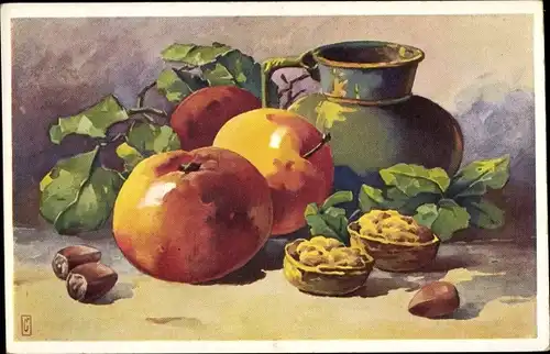 Künstler Ak Cerneho, P., Stillleben, Äpfel, Nüsse, Krug