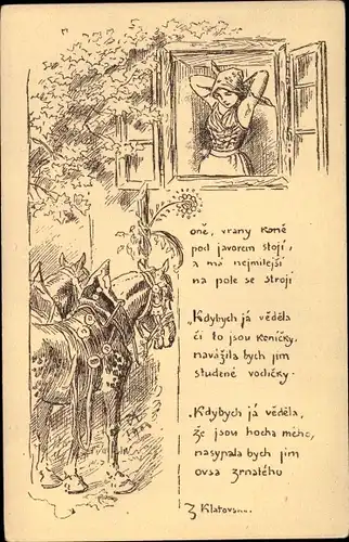 Künstler Ak Ales, Mikolas, Narodni pisne, Frau in tschechischer Tracht, Gedicht