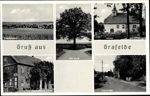 Ak Grafelde Adenstedt Sibbesse in Niedersachsen, Total, Gasthof zur Linde, Kirche, alte Eiche