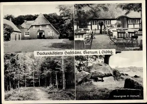 Ak Stenum Ganderkesee in Niedersachsen, Backenköhlers Gaststätte, Waldweg, Terrasse, Hünengrab