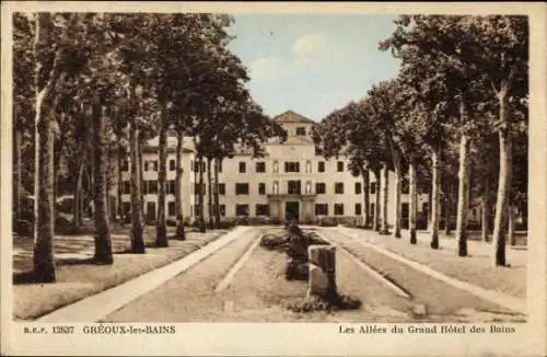 Ak Gréoux les Bains Alpes de Haute Provence, Les Allees du Grand Hotel des Bains