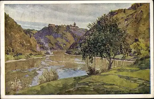 Künstler Ak Schmidt, R., Neuhaus Oberösterreich, Panorama, Fluss, Berge, Dampfer