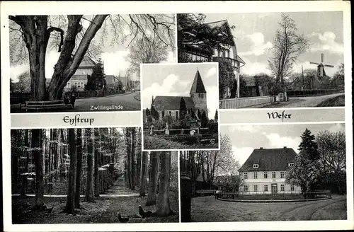 Ak Eystrup in Niedersachsen, Zwillingslinde, Kirche, Windmühle, Gutshaus, Wald
