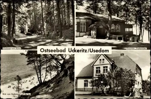 Ak Ostseebad Ückeritz auf Usedom, Gaststätte Fischerhütte, Waldweg zum Strand
