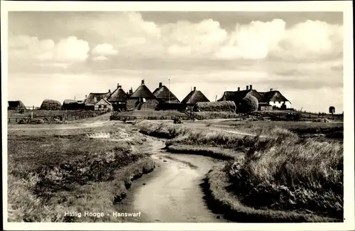 Ak Hallig Hooge in Nordfriesland, Reetdachhäuser, Hanswarf