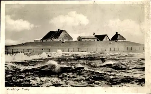 Ak Reußenköge in Nordfriesland, Hamburger Hallig vom Meer gesehen