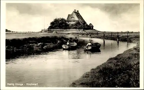 Ak Hallig Hooge in Nordfriesland, Kirchwarf, Ruderpartie, Reetdachhaus