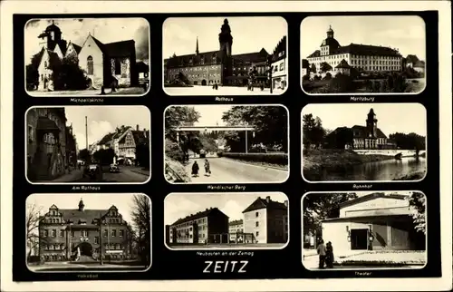 Ak Zeitz im Burgenlandkreis, Rathaus, Bahnhof, Theater, Moritzburg, Michaelskirche