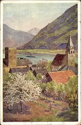 Künstler Ak Schmidt, R., Schwallenbach Niederösterreich, Blick auf den Ort, Kirche, Donau