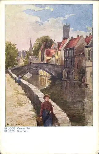 Künstler Ak Currie, J., Bruges Brügge Flandern Westflandern, Stadtpartie, Brücke, Fluss