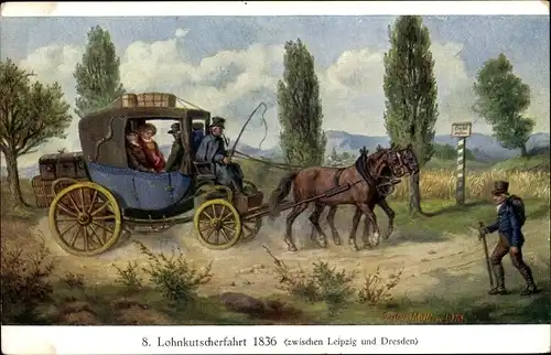 Künstler Ak Müller, Gustav, Lohnkutscherfahrt 1836, Zwischen Leipzig und Dresden