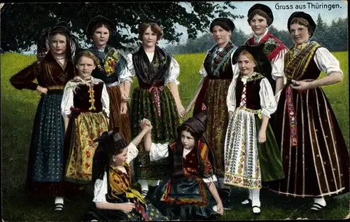 Ak Frauen und Mädchen in Thüringer Volkstrachten