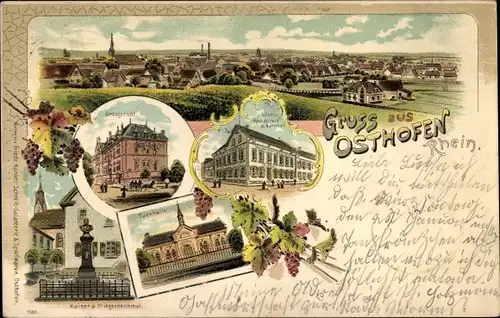 Litho Osthofen am Rhein, Turnhalle, Hotel zum Bahnhof, Amtsgericht, Blick auf den Ort