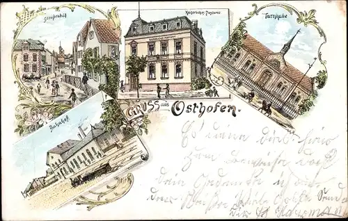 Litho Osthofen am Rhein, Turnhalle, Postamt, Bahnhof, Gleisseite