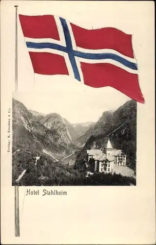 Ak Stalheim Norwegen, Hotel Stahlheim, Norwegische Flagge