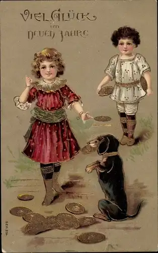 Ak Glückwunsch, Neujahr, Kinder, Münzen, Dackel