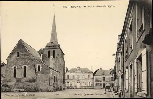 Ak Seiches Maine et Loire, Place de l'Eglise