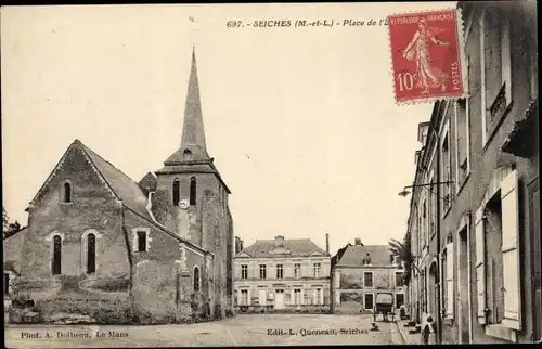 Ak Seiches Maine et Loire, Place de l'Eglise