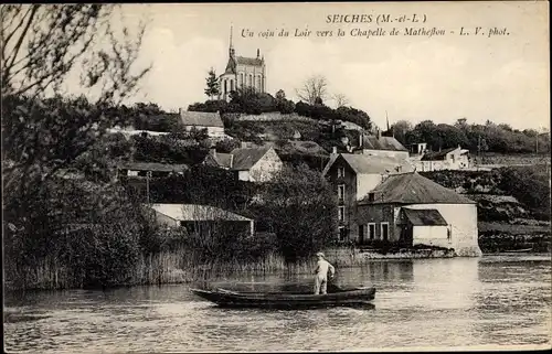 Ak Seiches Maine et Loire, Un coin du Loir vers la Chapelle de Mathefon