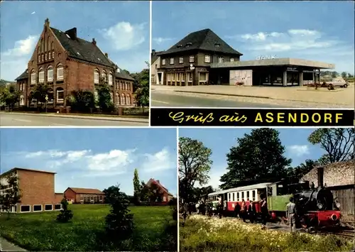 Ak Asendorf in Niedersachsen, Bank, Eisenbahn, Lokomotive, Häuser