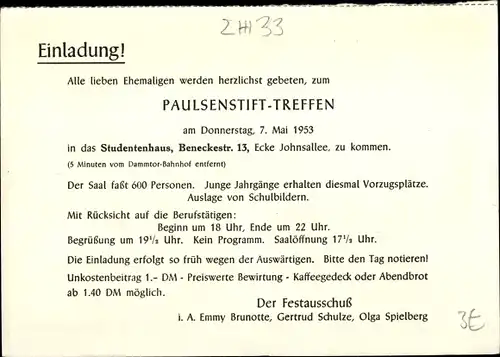 Ak Hamburg Mitte Altstadt, Vereinigung ehemaliger Schülerinnen des Paulsenstifts, Einladung