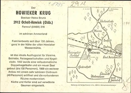 Ak Ocholt Howiek Westerstede in Niedersachsen, Howieker Krug, Bes. Heinz Bruns, Landkarte rückseitig