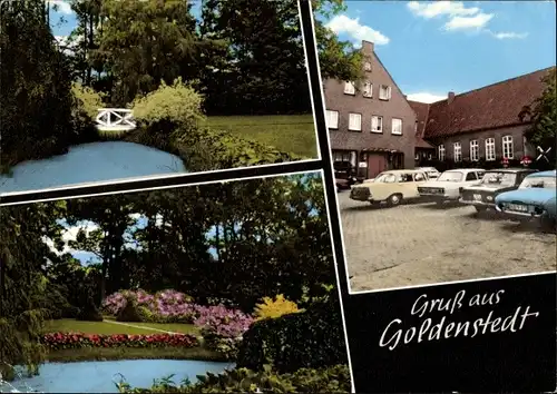 Ak Goldenstedt in Niedersachsen, Hotel zur Schmiede, Karl Grimm, Wasserpartie, Blumenanlage