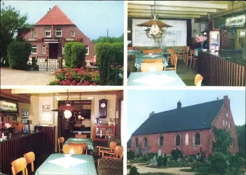 Ak Landkirchen Insel Fehmarn, Gasthof und Hotel Ch. Petersen, Aussen- und Innenansicht, Kirche