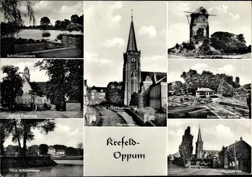 Ak Oppum Krefeld am Niederrhein, Schönwasserpark, Pfarrkirche, Geissmühle, Botanischer Garten