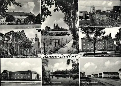 Ak Kamp Lintfort am Niederrhein, Steinkohlebergwerk, Rathaus, Strandbad Poppelsee