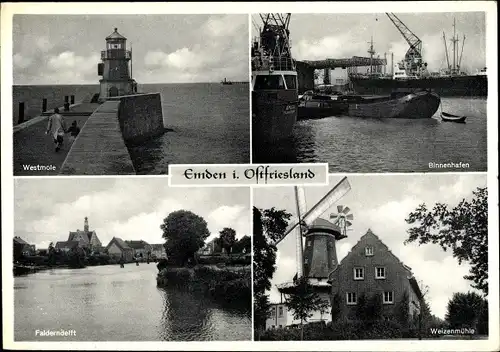 Ak Emden in Ostfriesland, Binnhafen, Westmole, Falderndelft, Weizenmühle