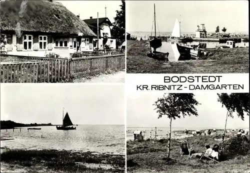 Ak Bodstedt Fuhlendorf Vorpommern, Badewiese, Segelboot, Friesenhäuser