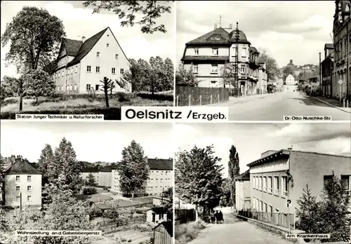 Ak Oelsnitz im Erzgebirge, Krankenhaus, Wohnsiedlung, Station Junger Techniker und Naturforscher