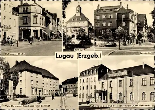 Ak Lugau in Sachsen, Strassenansichten, VVN Ehrenmal, Bahnhof, Sparkasse, Kulturhaus Karl Liebknecht