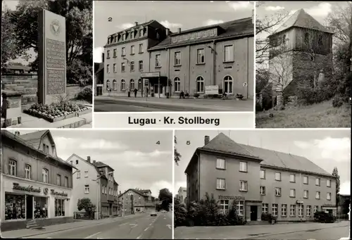 Ak Lugau im Erzgebirge, VdN Denkmal, Klubhaus Karl Liebknecht, Glockenturm, Sparkasse