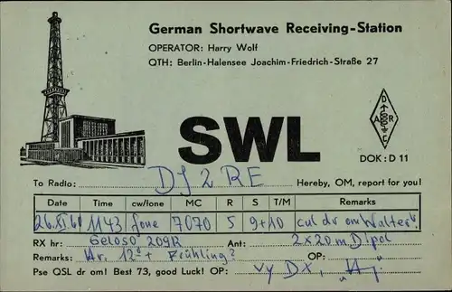 Ak QSL Karte, Funkerkarte, SWL, Harry Wolf, Joachim Friedrich Straße 27, Halensee