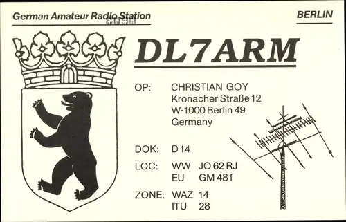 Ak QSL Karte, Funkerkarte, DL7ARM, Christian Goy, Kronacher Straße 12, Berlin