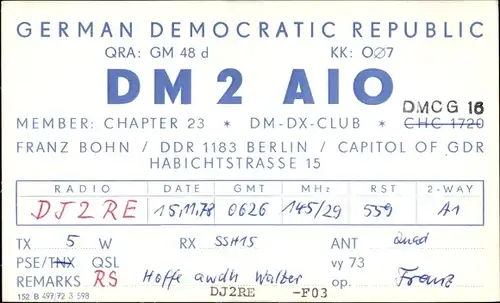 Ak QSL Karte, Funkerkarte, DM2AIO, Franz Bohn, Habichtstraße 15, Berlin