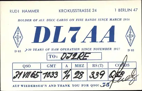 Ak QSL Karte, Funkerkarte, DL7AA, Rudi Hammer, Krokusstraße 24, Berlin