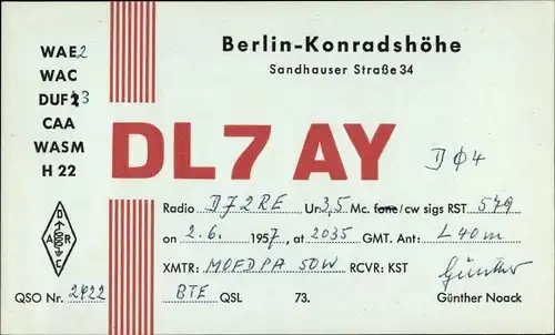 Ak QSL Karte, Funkerkarte, DL7AY, Sandhauser Straße 34, Berlin Konradshöhe