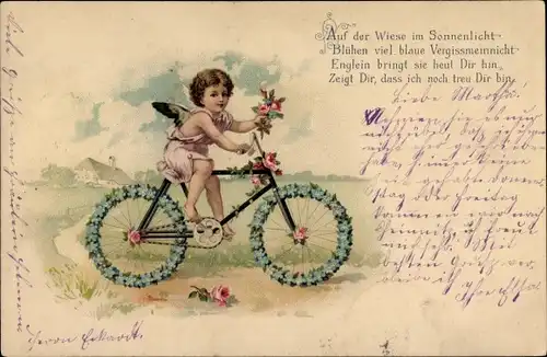 Litho Engel mit Blumen auf einem Fahrrad, Auf der Wiese im Sonnenlicht