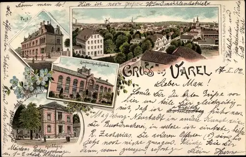 Litho Varel am Jadebusen, Post, Landwirtschaftsschule, Rathaus, Blick auf den Ort