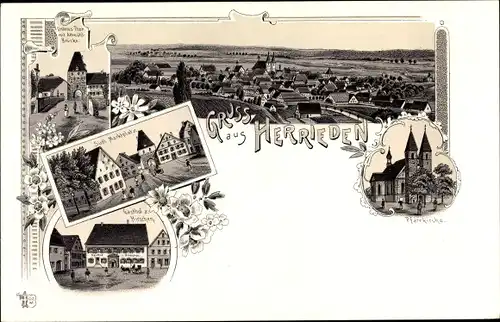 Litho Herrieden in Mittelfranken, Pfarrkirche, Gasthof zum Hirschen, Marktplatz, Tor, Panorama