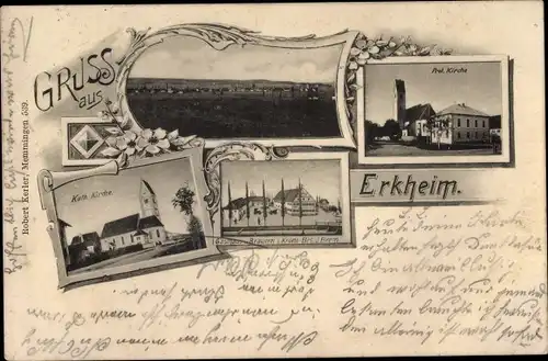 Ak Erkheim im Unterallgäu, Kath. Kirche, Prot. Kirche, Gasthof und Brauerei z. Krone