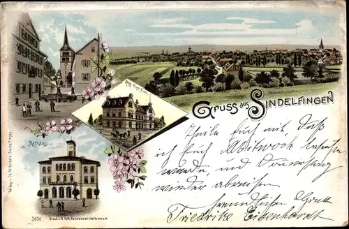 Litho Sindelfingen Baden Württemberg, Kirche, Rathaus, Postamt, Gesamtansicht