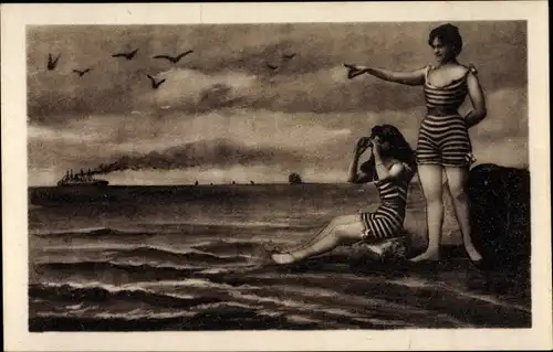 Künstler Ak Zwei Frauen in Badeanzügen am Meer